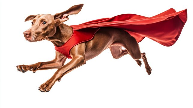 Superdog Vizsla in red superhero cape flying isolated on white background