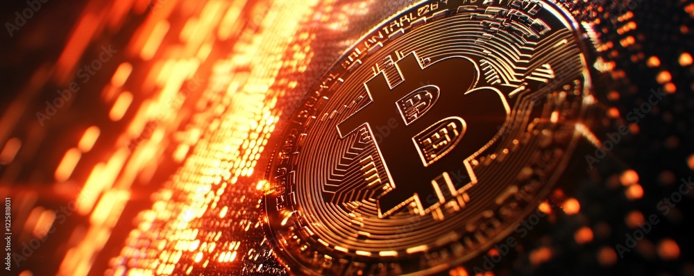 Aufkleber bitcoin coin is emerging from a glowing digital circuit board