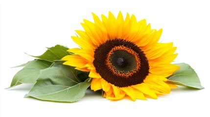 Obraz premium One beautiful sunflower with leaves isolated on white