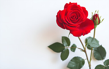 Fototapeta premium A single red rose displayed elegantly against a pristine white background, highlighting its vibrant color and delicate petals.