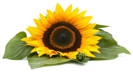 Obraz premium One beautiful sunflower with leaves isolated on white