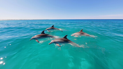 Fototapeta premium A school of dolphins leaps joyfully through the turquoise waters, celebrating ocean life on World Wildlife Day