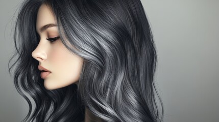 Side photos of popular hairstyle models Young woman with long dark gray hair The hair is wavy and beautiful