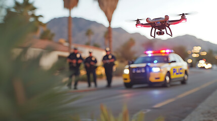 Drone surveillance in action A police drone flies overhead, monitoring a scene with officers and a patrol car.  Perfect for news, law enforcement, or technology related projects.