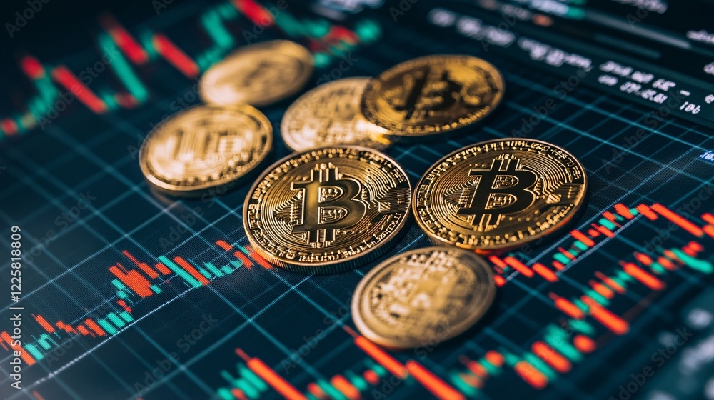 Poster bitcoin cryptocurrency coins lying on graph showing market fluctuations