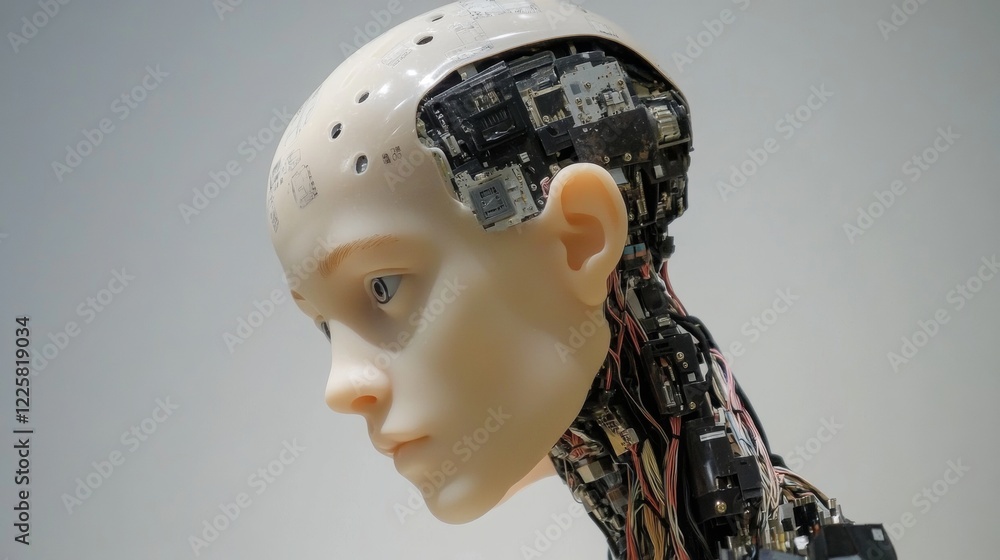 Poster ai. artificial intelligence. head robot hanging over podium and look at virtual dashboard. supercomp