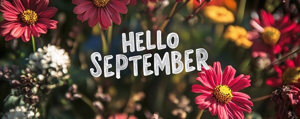 Hello september lettering surrounded by vibrant colorful flowers