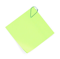 Blank paper note attached with clip isolated on white, top view