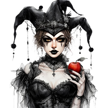 donna enigmatica vestita di nero con cappello da giullare e una mela rossa in mano, Enigmatic woman dressed in black with jester hat and a red apple in her hand