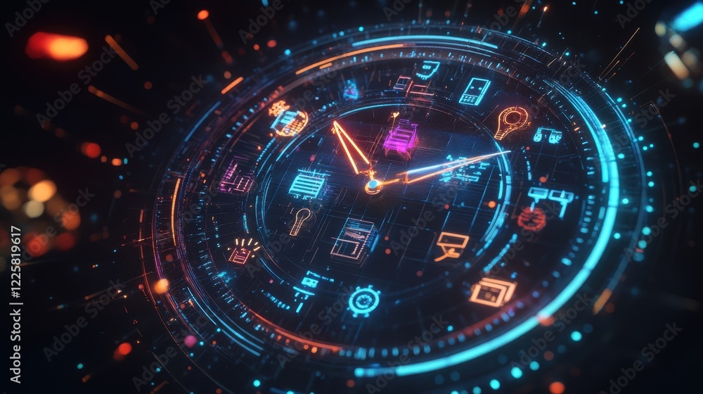 Poster futuristic clock face with glowing icons representing smart home devices and applications, symbolizi