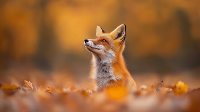 A red fox resting amidst autumn leaves, embodying the beauty of wildlife during fall