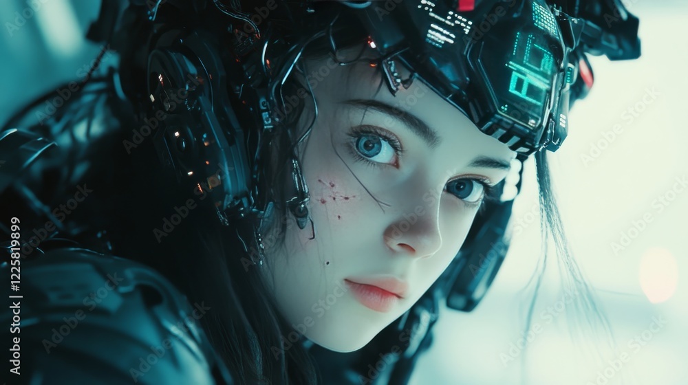 Poster artificial intelligence in image of cyborg girl with electronic brain. neural network trained using 