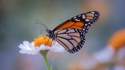 Obraz premium A close-up of a monarch butterfly resting on a flower, symbolizing the delicate beauty of wildlife