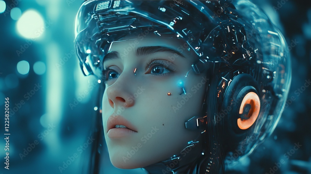 Poster artificial intelligence in image of cyborg girl with electronic brain. neural network trained using 