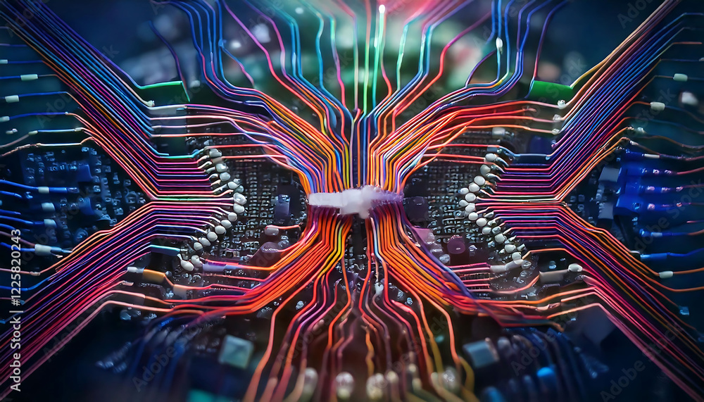 Poster vibrant close-up of multicolored circuit board wiring, showcasing intricate pathways connections. id