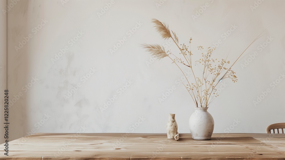 Poster a white vase with a brown table sits in front of a white wall. the vase is filled with dried flowers