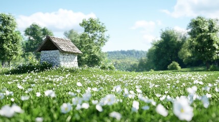 Stone hut in spring meadow, sunny day, forest background; idyllic rural scene for travel brochure