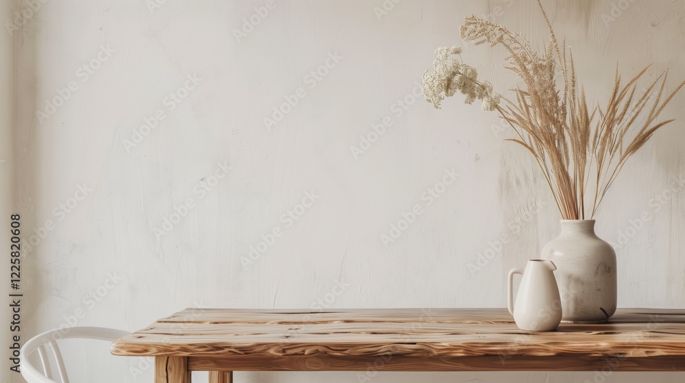 Aufkleber a white vase with flowers sits on a wooden table. the table is empty except for the vase and the cha