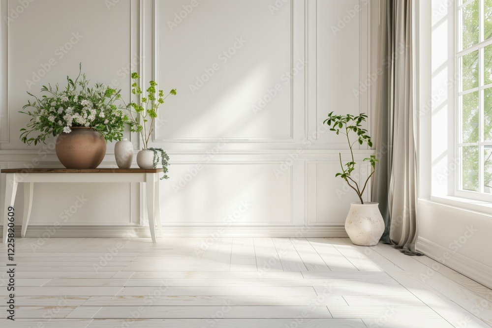 Poster a white room with a wooden table and a bench. there are two vases on the table and a potted plant on