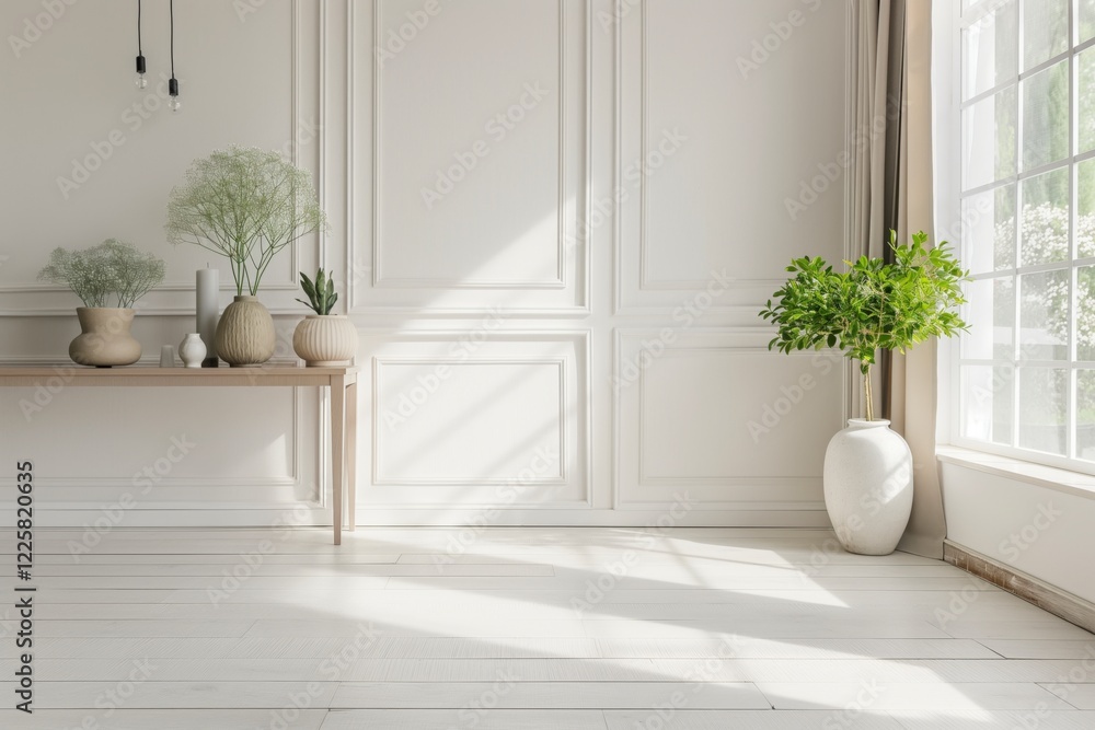 Aufkleber A large white room with a white table and a white vase on it. The room is empty and has a minimalist feel. AI generated.