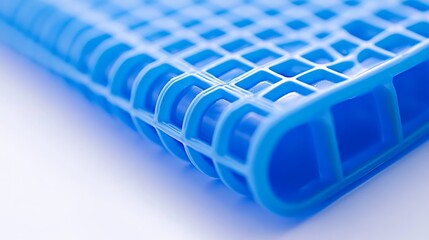A close-up photo of a blue plastic object with a grid-like pattern