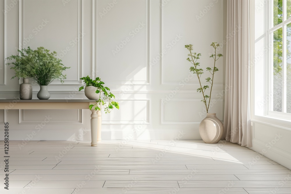 Poster A white room with a large window and a wooden floor. The room is empty except for a few potted plants and vases. The plants are placed on a table and a shelf. AI generated.