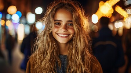 Fototapeta premium Smiling young woman at night.