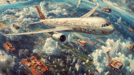 Obraz premium Concept illustration of air cargo transportation around the world. Globe, cargo plane and road transport. Vector illustration.