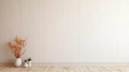 A white wall with a vase of flowers on it. The vase is on a wooden floor. AI generated.