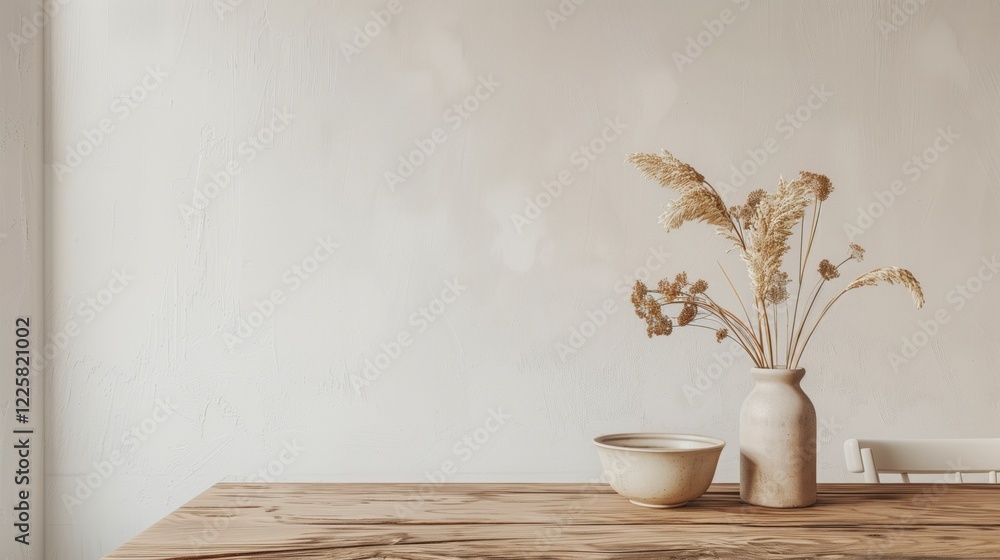 Poster a vase with dried flowers sits on a wooden table. the table is empty except for the vase and bowl. t