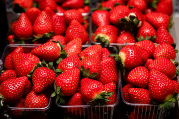 Fresh strawberries in trays on the counter of a store or market.