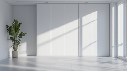 Fototapeta premium interior of a modern room , white wardrobe and plants in pot 