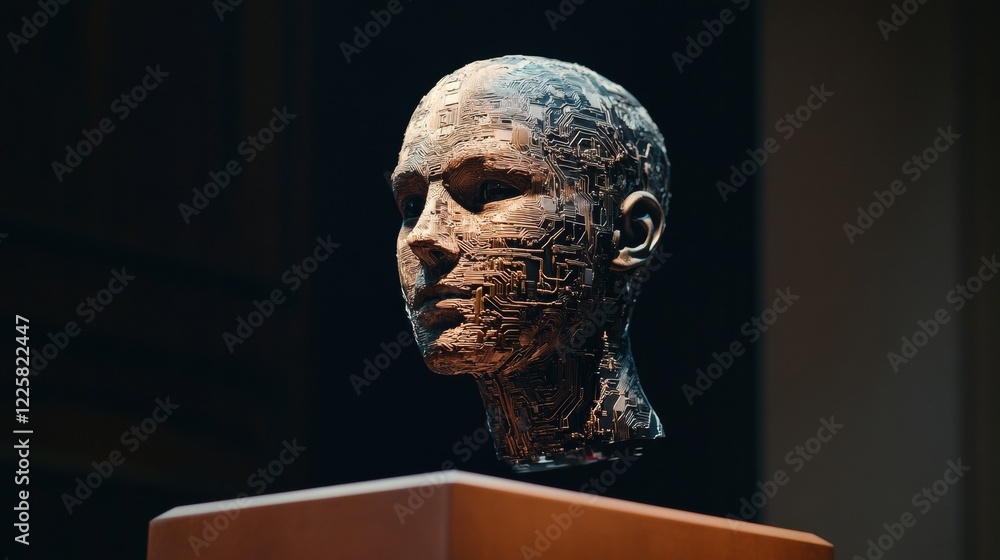 Poster ai or artificial intelligence in image robot head hover over podium in virtual cyberspace. humanoid 