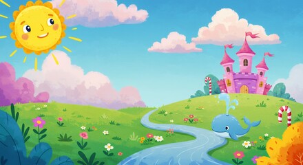 Happy Whale by Pink Castle in Sunny Meadow Illustration