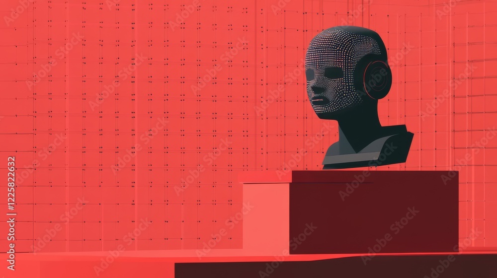 Poster ai or artificial intelligence in image robot head hover over podium in virtual cyberspace. humanoid 