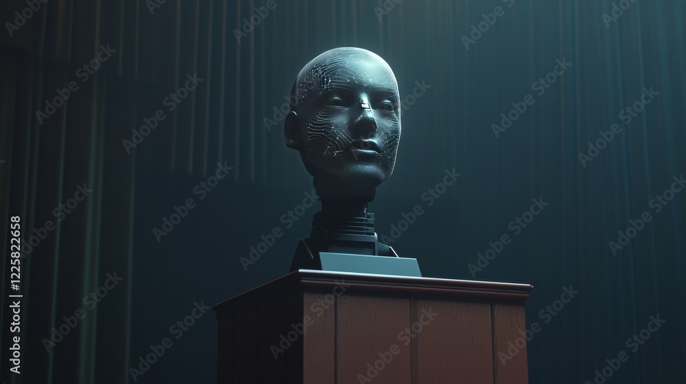 Poster ai or artificial intelligence in image robot head hover over podium in virtual cyberspace. humanoid 