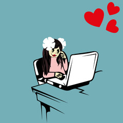 young woman near laptop sends heartfelt congratulations