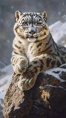 HD Phone Wallpaper Majestic Snow Leopard Resting on Rocky Mountain Peak in Winter