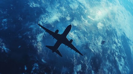 Fototapeta premium vector illustration of the silhouette of an airplane rounding around the planet, the plane is flying, the planet earth, a passenger plane over the planet earth