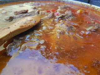 Close-up of bubbling beef stew with wooden spoon
