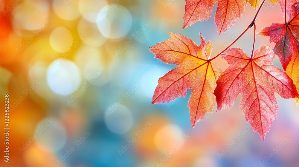 Aufkleber red maple leaves hanging from branch with blurred background