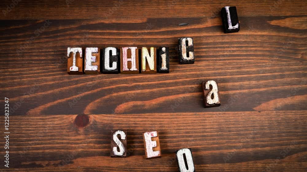 Wall mural technical seo. text formed from moving letters, stop motion, 4k