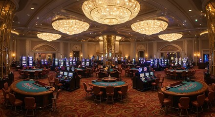Luxurious Casino Interior with Slot Machines and Tables