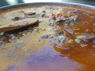 Close-up of bubbling beef stew with wooden spoon