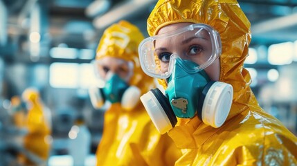 Scientists in bright yellow hazmat suits and protective masks work in a high-security laboratory, conducting crucial research. Their intense focus ensures safety and innovation in biotechnology