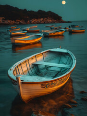Obraz premium Coastal sunset, boats at anchor, tranquil moonlit scene, ideal for travel brochures