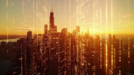 A cascade of digital numbers and lines forms a dynamic chart intertwining with the urban skyline as sunlight refracts off the buildings below.