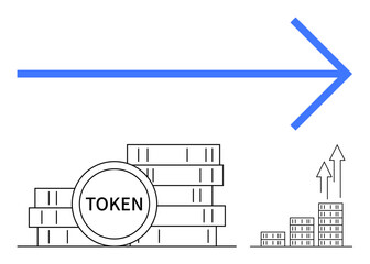 Stacked coins labeled Token beneath a blue arrow with bar charts indicating upward growth. Ideal for cryptocurrency, blockchain, digital tokens, growth strategy, fintech, investment, abstract line