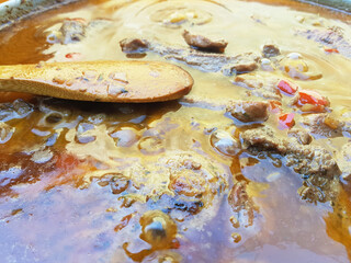 Close-up of bubbling beef stew with wooden spoon