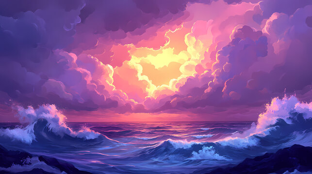 A dramatic ocean scene featuring tumultuous waves under a moody sky with clouds illuminated by a bright, ethereal light. Eternal Sky. Illustration